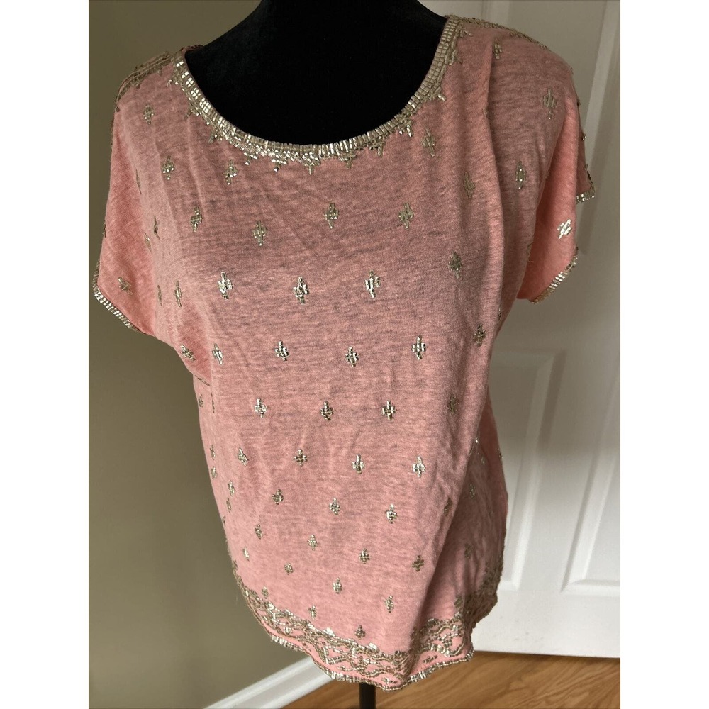 Calypso Saint Barth Linen knit Embroidered Stud Short Sleeve Top coral Size XS